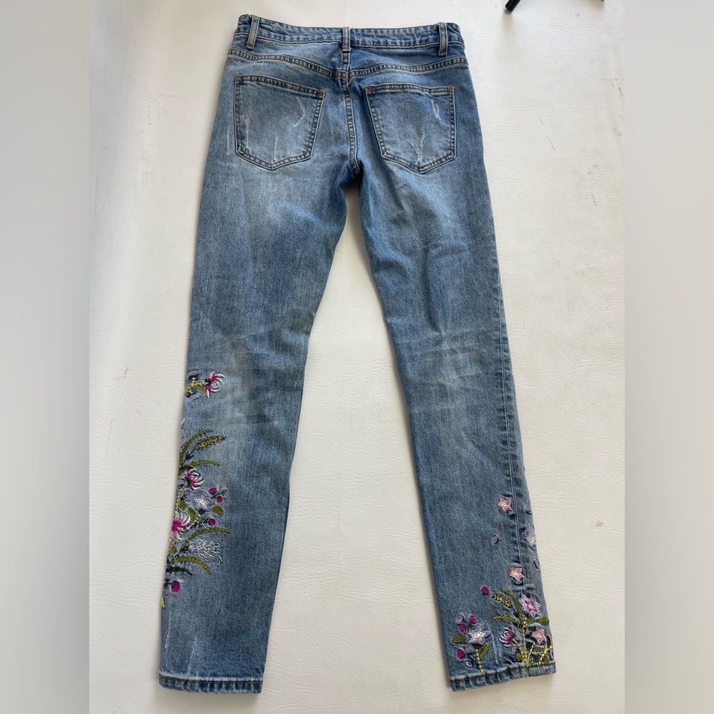 Floral Embroidered Jeans Women 28 Boho Skinny Blue Denim - Picture 15 of 15